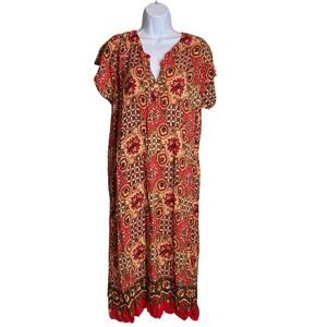 MONICA Batik Women's Red Paisley Boho Midi Dress Est. Size L 70’s Retro Vibes